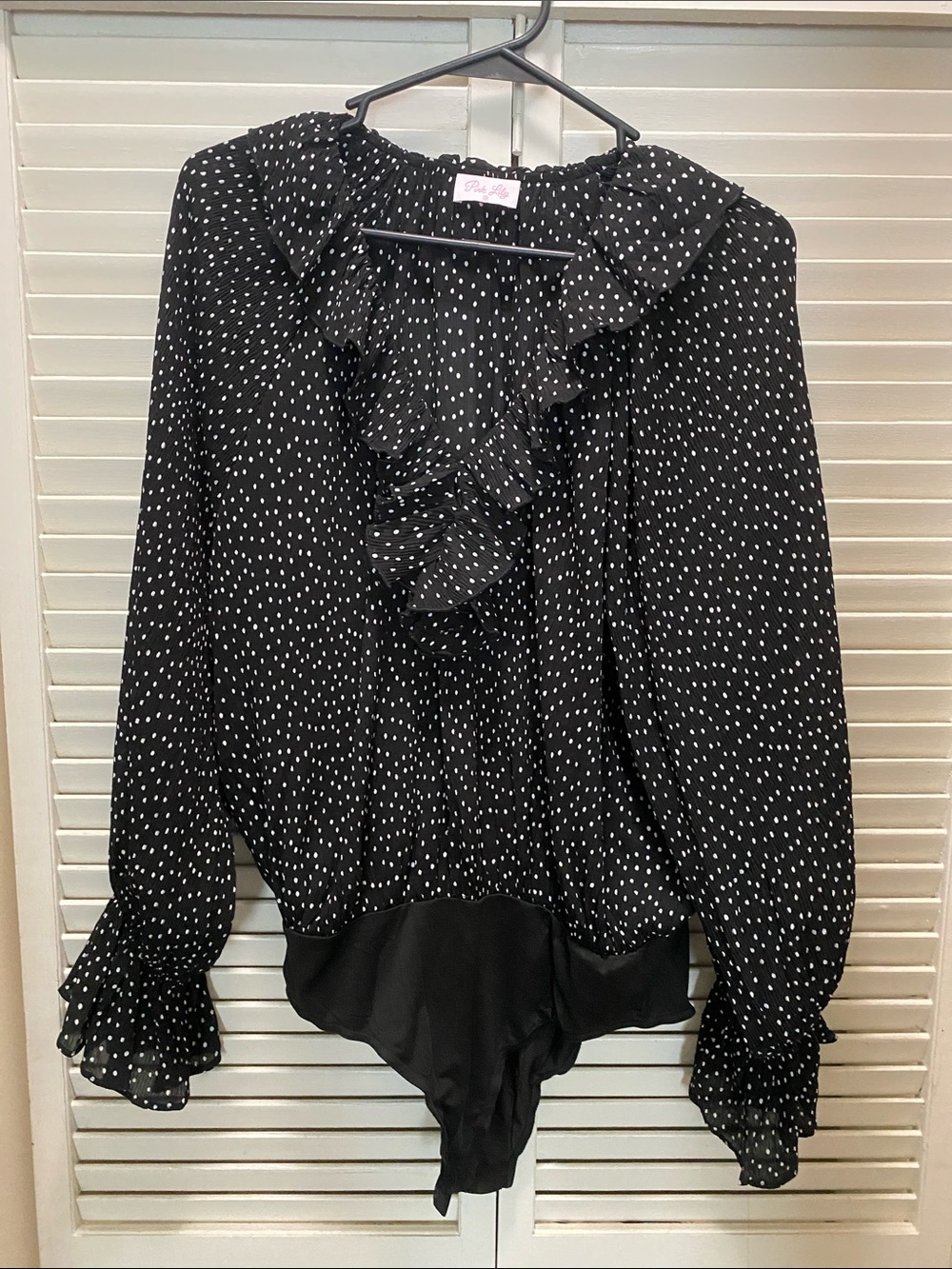Pink Lily Black & White Polka Dot Ruffle V-Neck Bodysuit